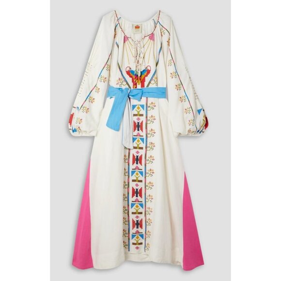 FARM Rio Dresses & Skirts - FARM Rio White Maxi Dress with Pink Panels and Blue Waist Sash